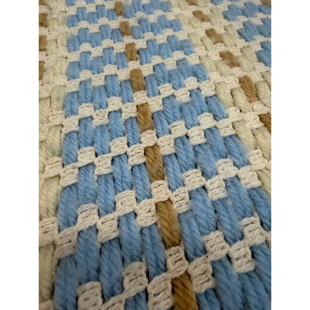 Vintage Hand Woven Afghan Throw Blanket – Baby Blue, Cream & Taupe 66” x 42”